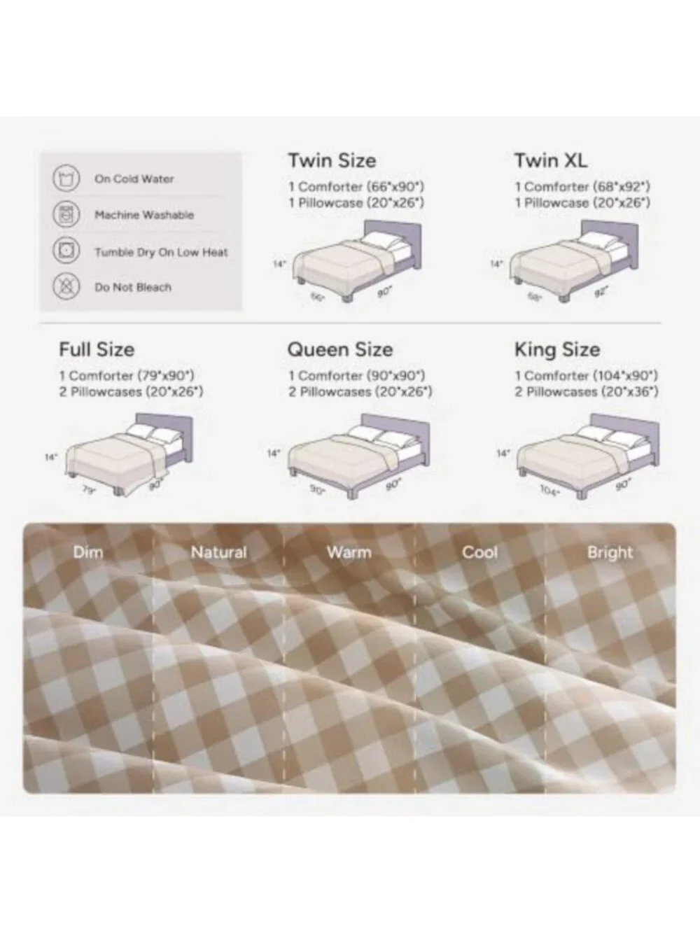 Cozy Tan Gingham Twin Comforter Set | Brown Checkered Plaid Bedding Decor